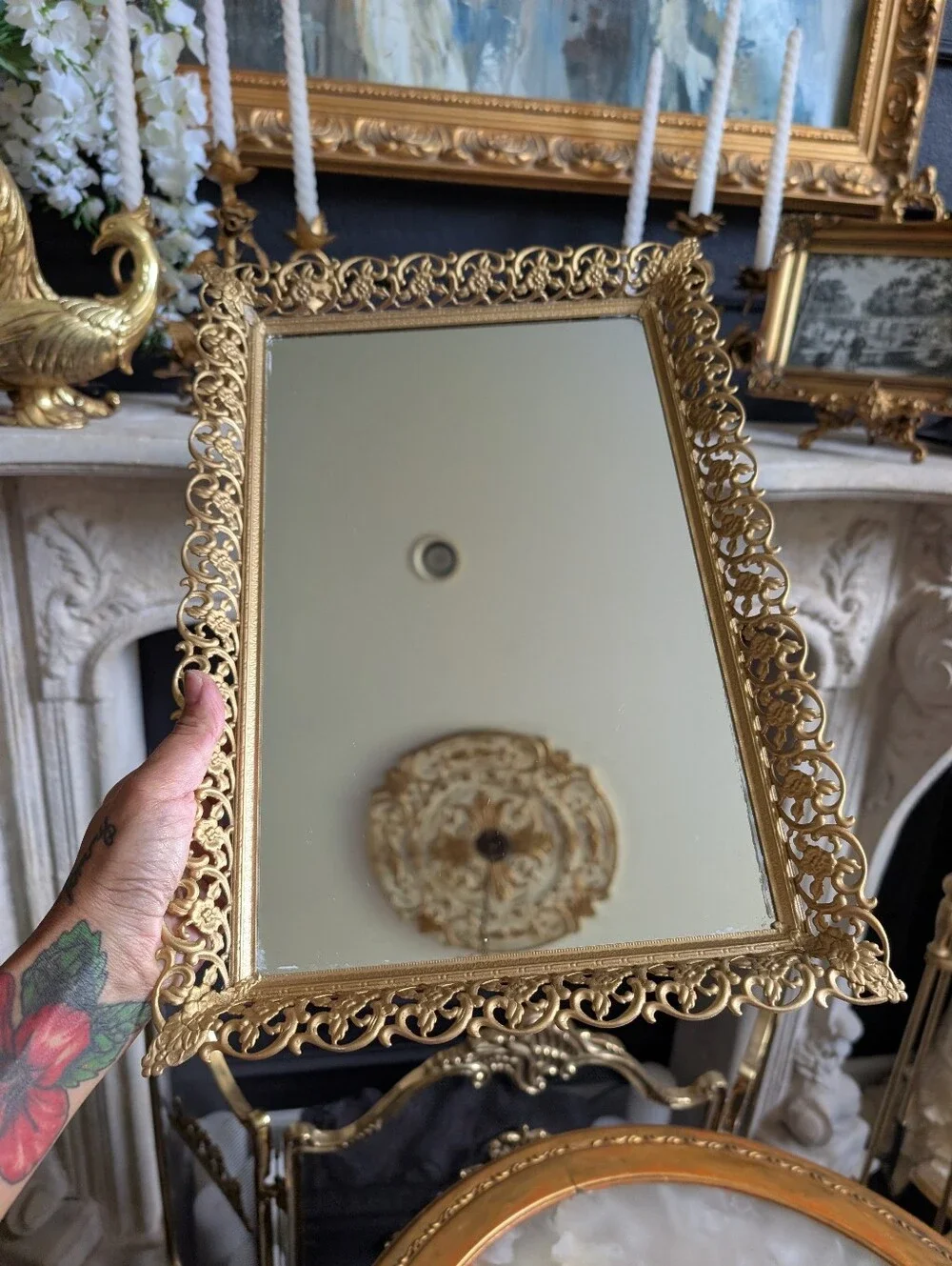 Vintage Gold Ornate Filigree Footed Vanity  Mirror Display Tray 16